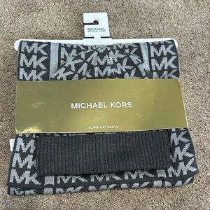 Michael Kors Black & Gray MK Logo Scarf, Hat & Glove Set